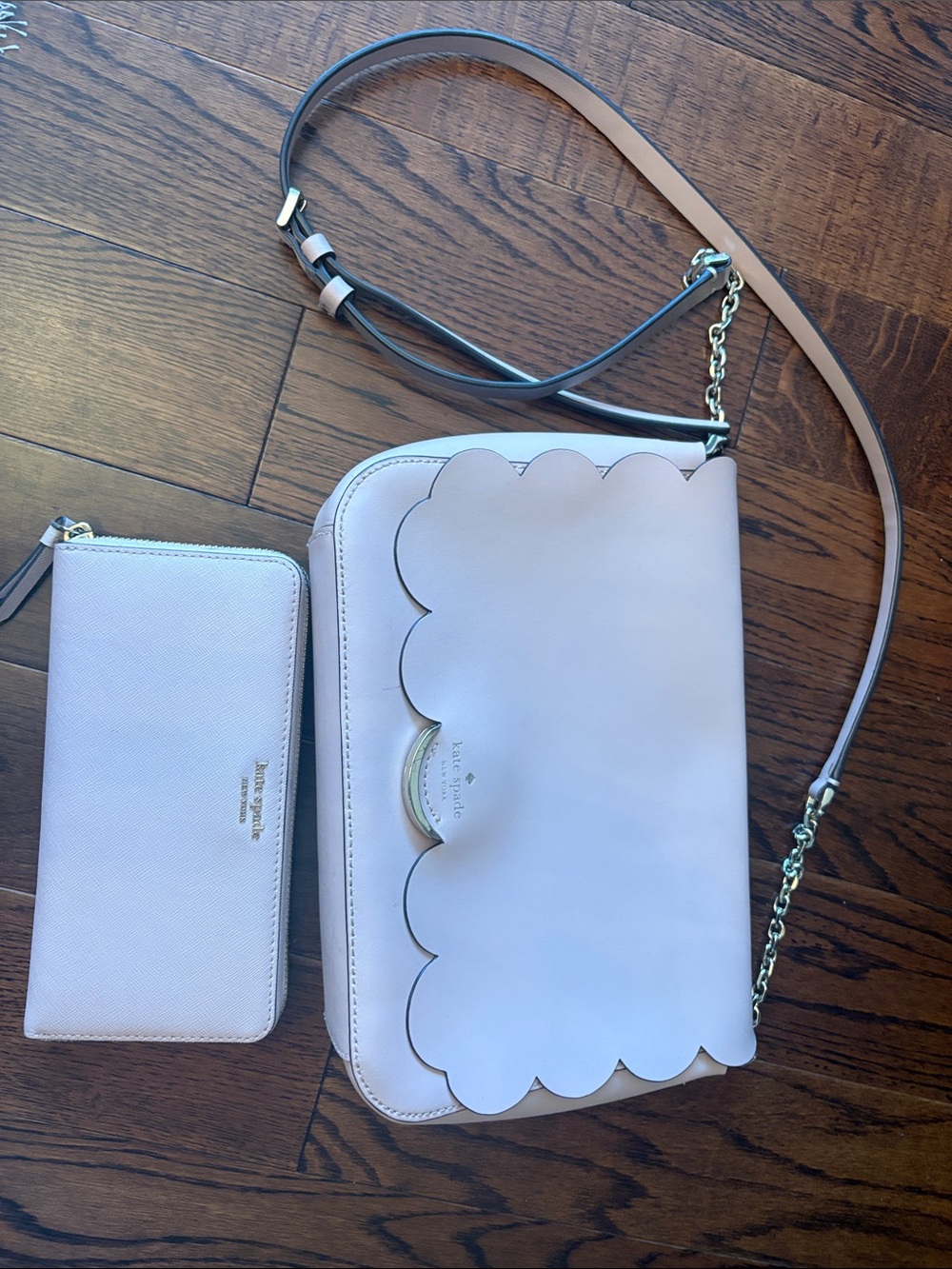 kate spade scallop-flap crossbody in pale pink with matching wallet